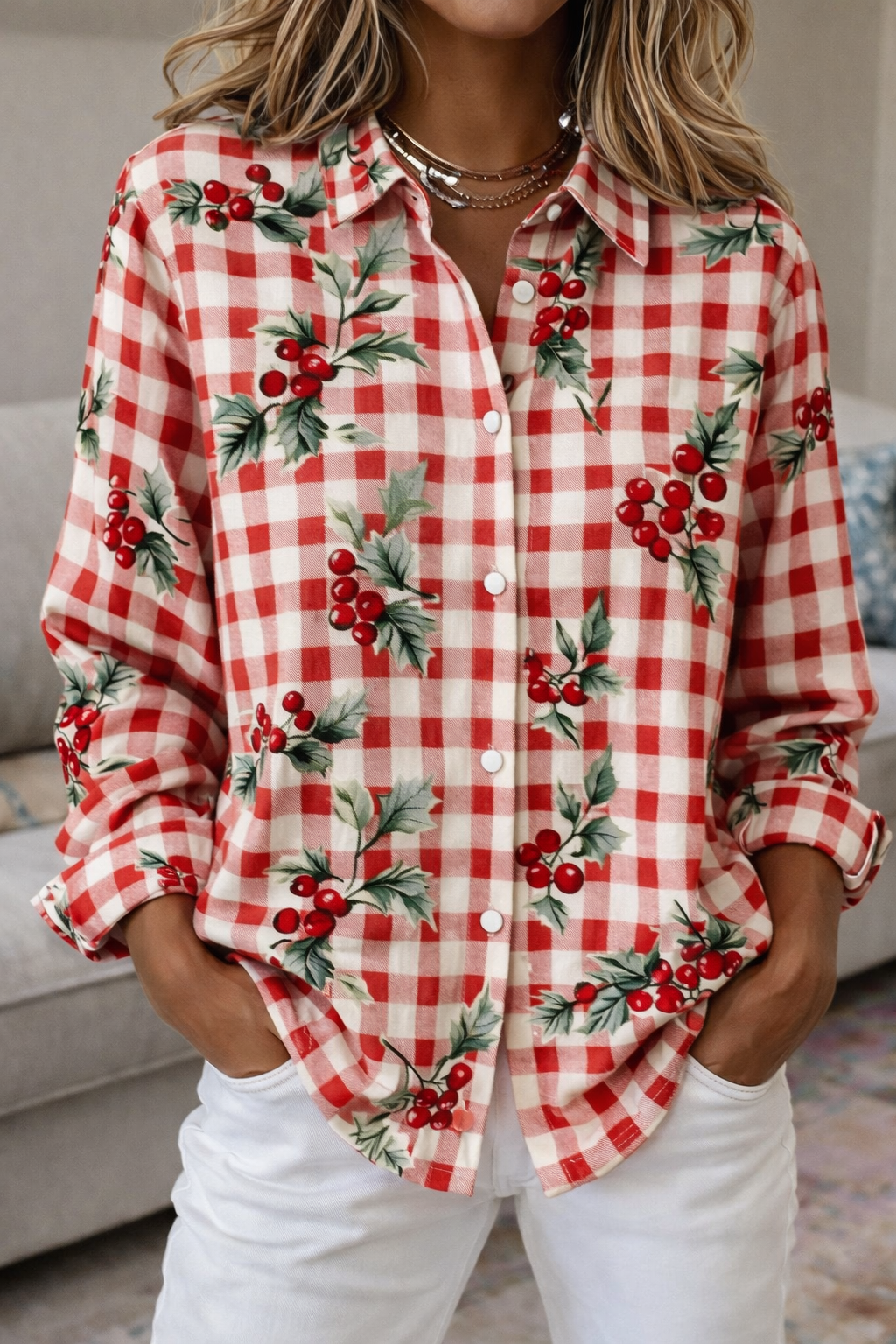 Plaid Colorblock Elizabeth Ainsley Long Sleeve Blouse