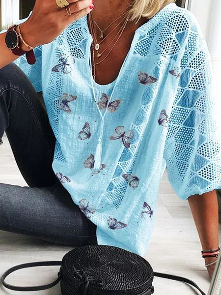 Boho Butterfly Print Elizabeth Ainsley V-Neck Blouse
