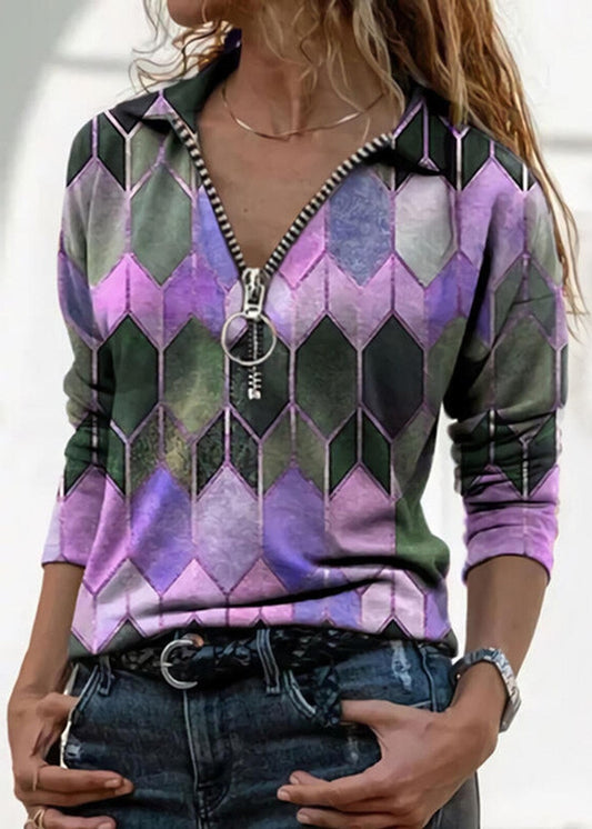 Colorful Zip V-Neck Top Elizabeth Ainsley Perfect-Fit