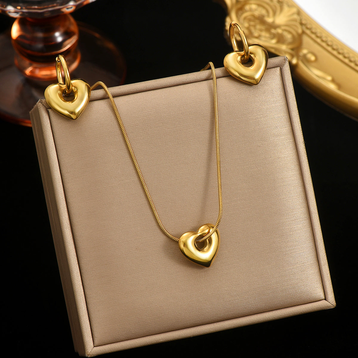 Minimal Heart Pendant Necklace & Hoop Earring Set