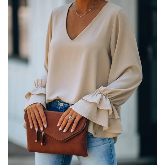 Elegant V-Neck Ruffle Sleeve Top by Elizabeth Ainsley