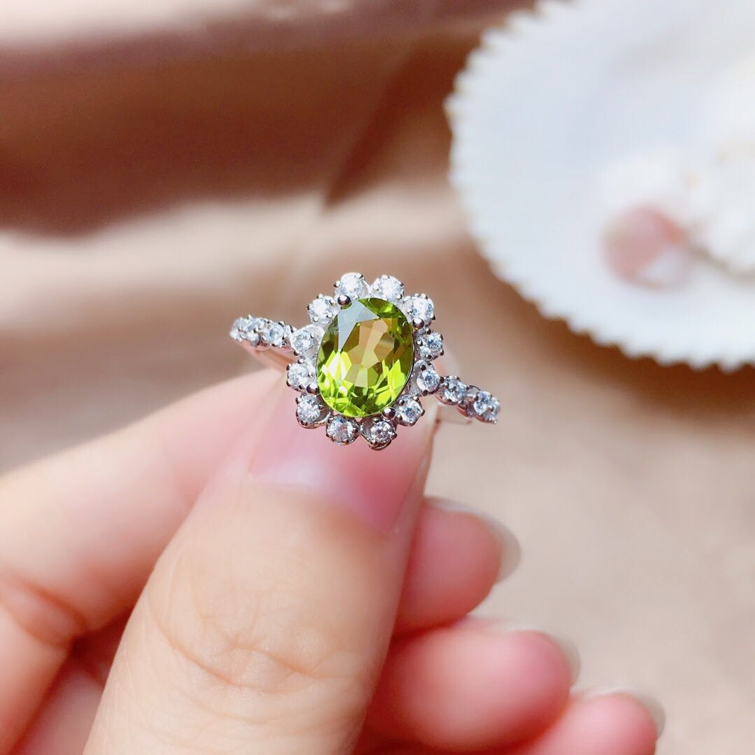 Olivine Crystal Pendant, Earrings & Ring with Sparkling Halo Design