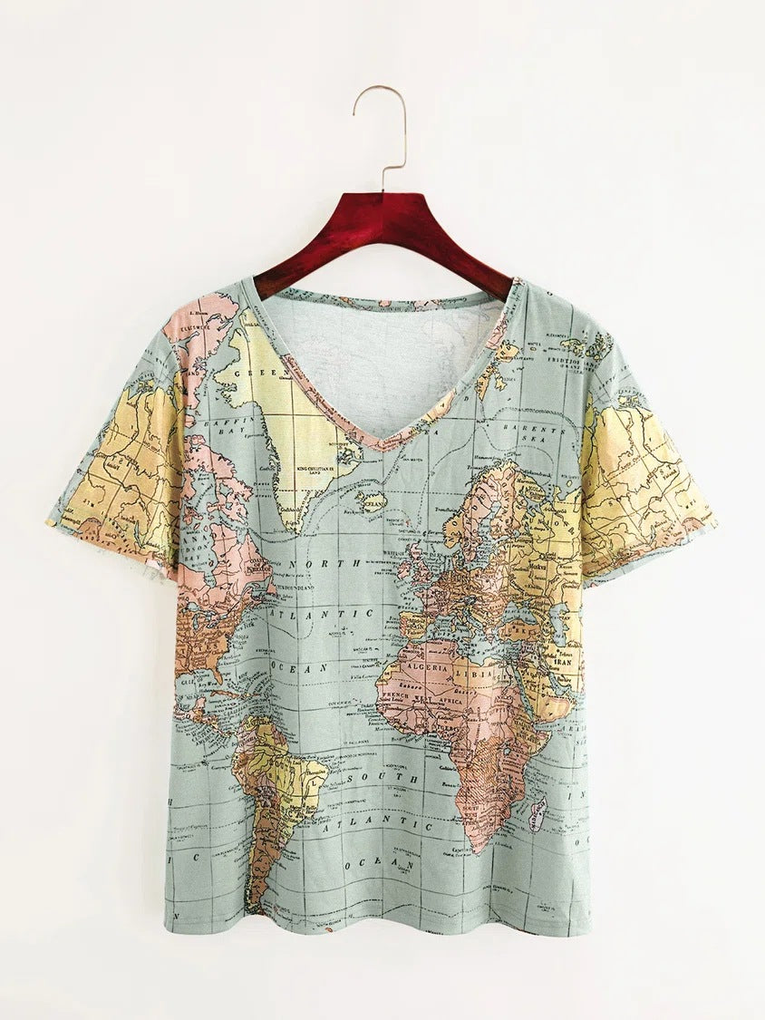 Map Print Elizabeth Ainsley V-Neck Everyday Top