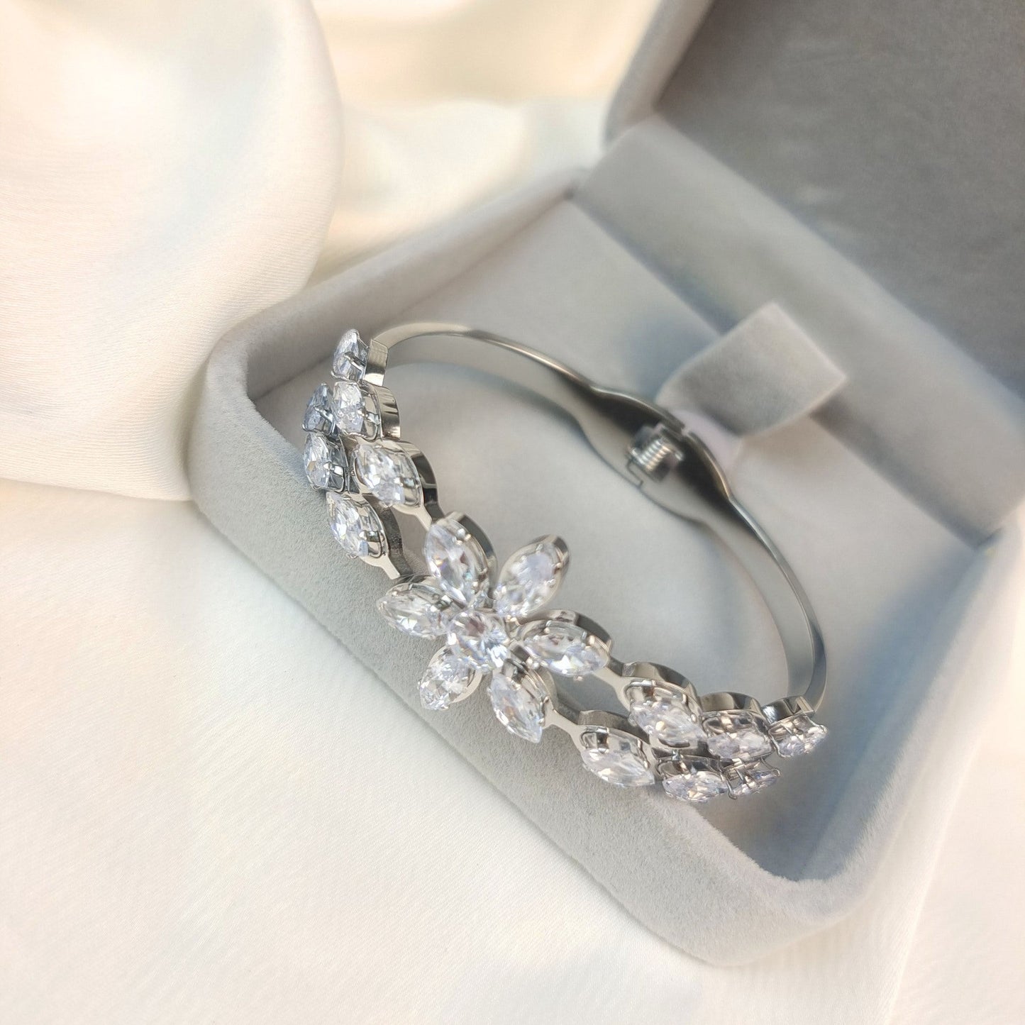 Floral Crystal Bangle Bracelet with Elegant Statement Design