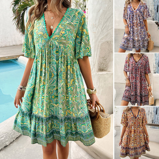 Boho Printed V-Neck Dress by Elizabeth Ainsley