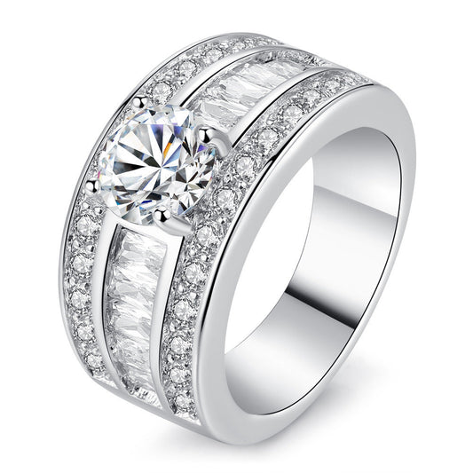 Wide Band Diamond Ring – Round Cut Center with Pavé Accents