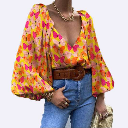 Retro Butterfly V-Neck Blouse by Elizabeth Ainsley