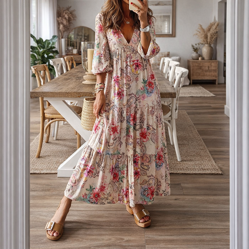 Boho Floral Elizabeth Ainsley V-Neck Maxi Dress