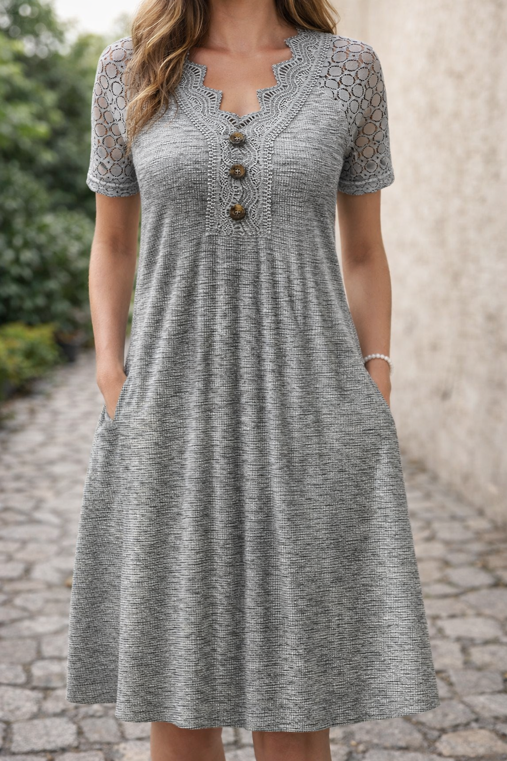 Lace V-Neck Gray Dress by Elizabeth Ainsley