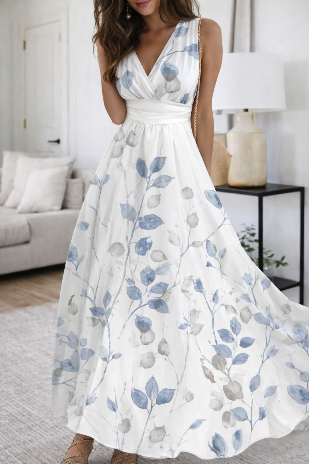 Floral V-Neck High Waist Dress by Elizabeth Ainsley