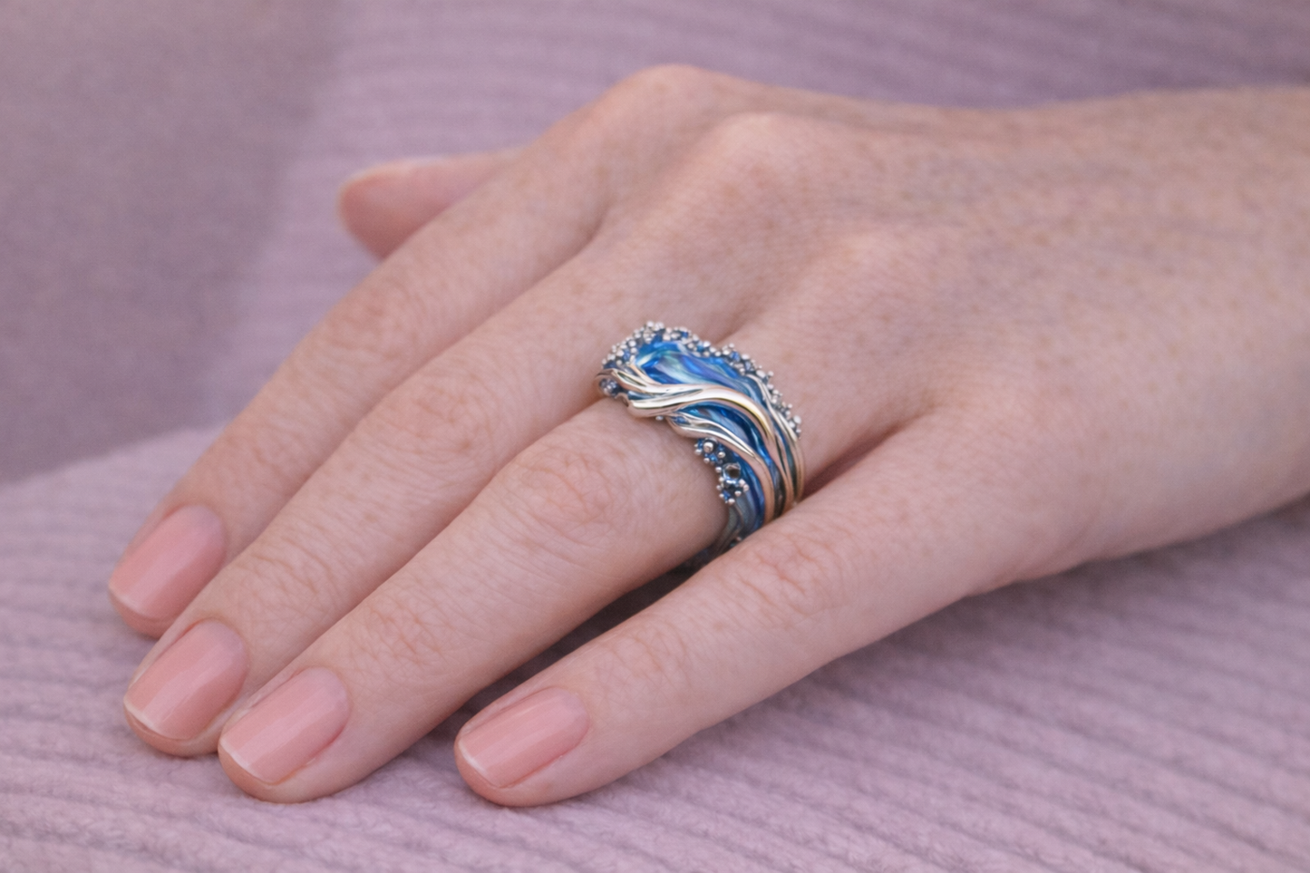 Krystal Crafts Handcrafted Ocean Crest Sapphire Flow Statement Adjustable Ring