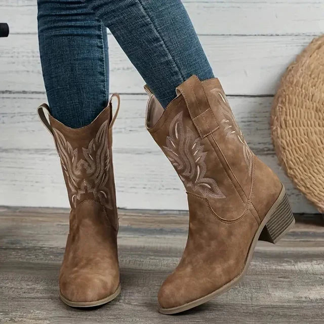 Elizabeth Ainsley Embroidered Western Boots - Chunky Heel