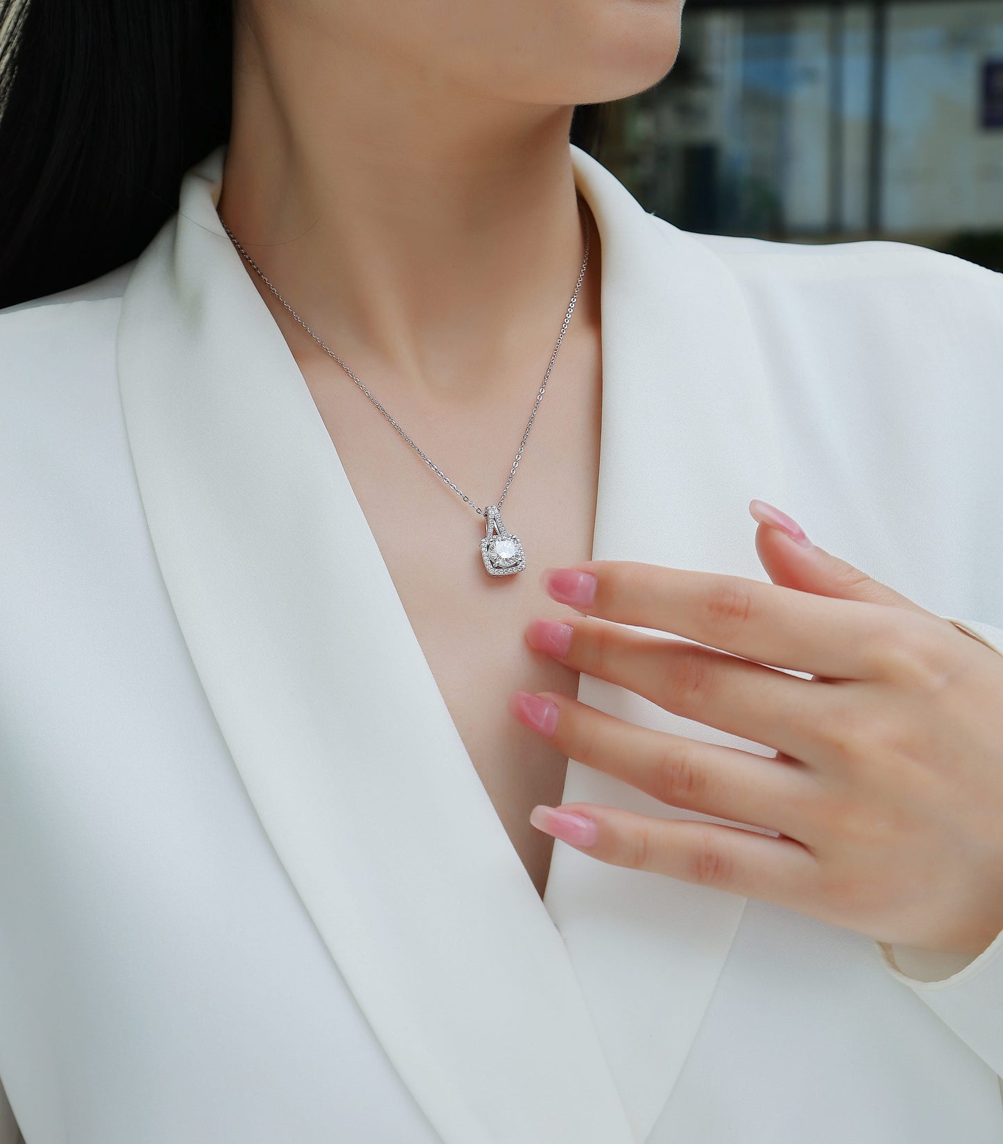 Square Halo Crystal Pendant Necklace