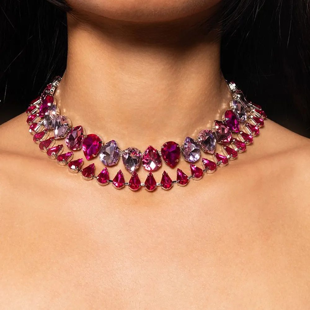 Pink Crystal Teardrop Choker Necklace – Statement Gold Chain Collar