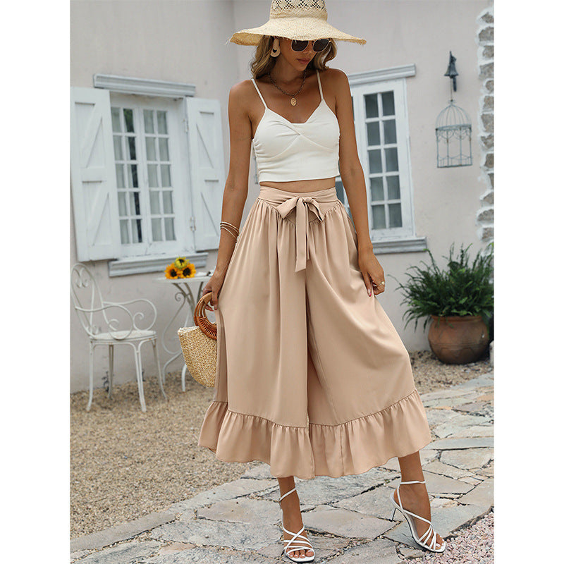 Elegant Ruffle Khaki Skirt Pants by Elizabeth Ainsley