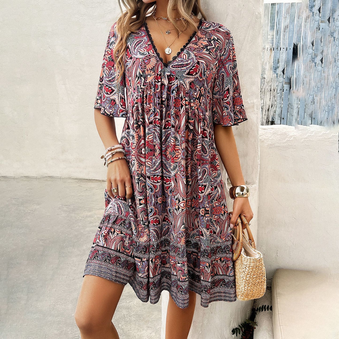 Boho Printed V-Neck Dress by Elizabeth Ainsley