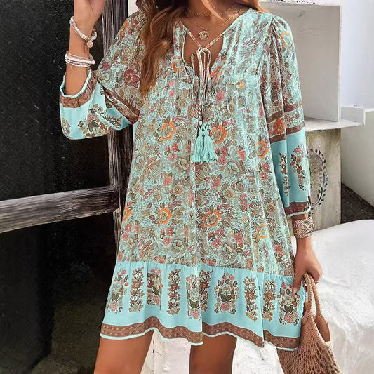 Bohemian Floral Elizabeth Ainsley V-Neck Midi Dress