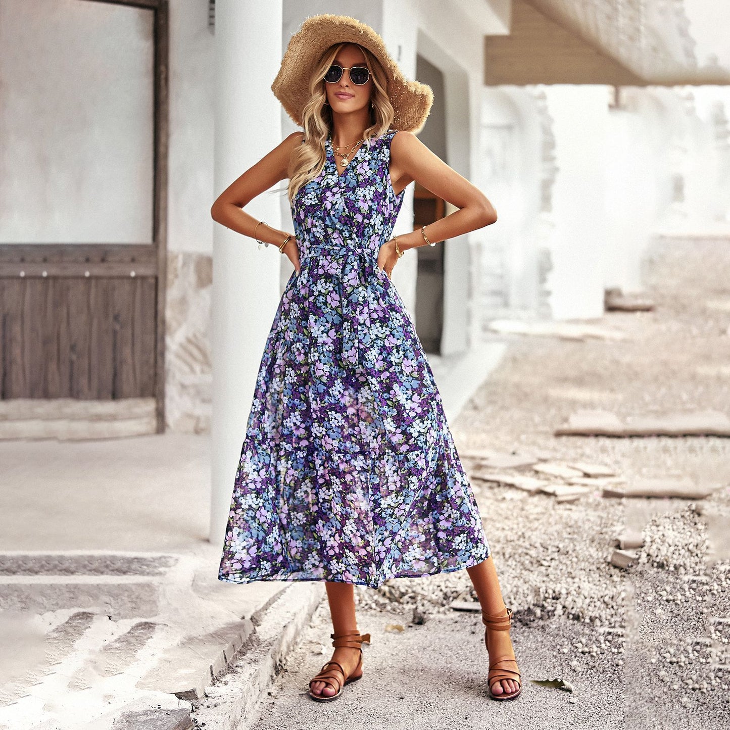 Chic Floral Elizabeth Ainsley Vacation Midi Dress