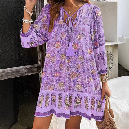 Bohemian Floral Elizabeth Ainsley V-Neck Midi Dress