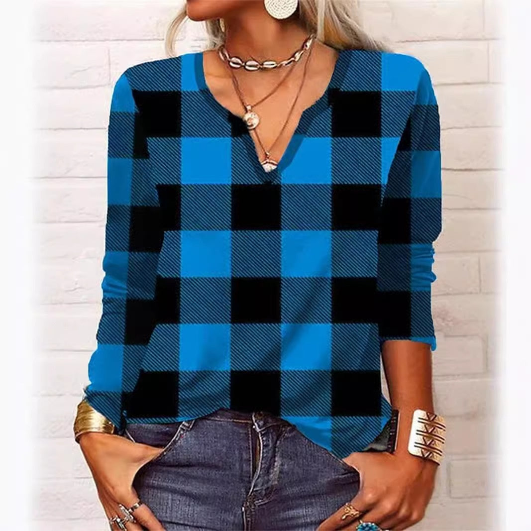 Plaid V-Neck Long Sleeve Top by Elizabeth Ainsley