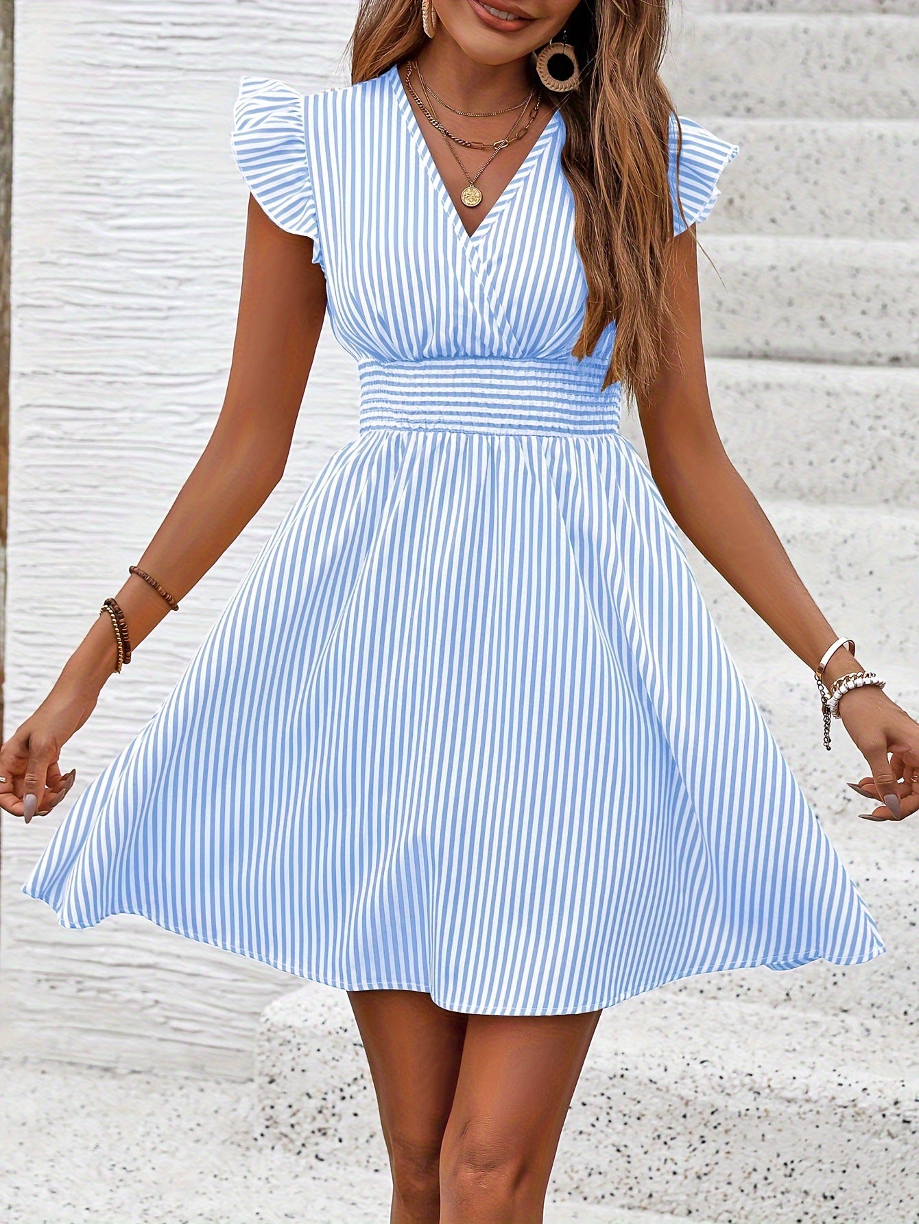 Chic Striped Elizabeth Ainsley V-Neck Waist Dress