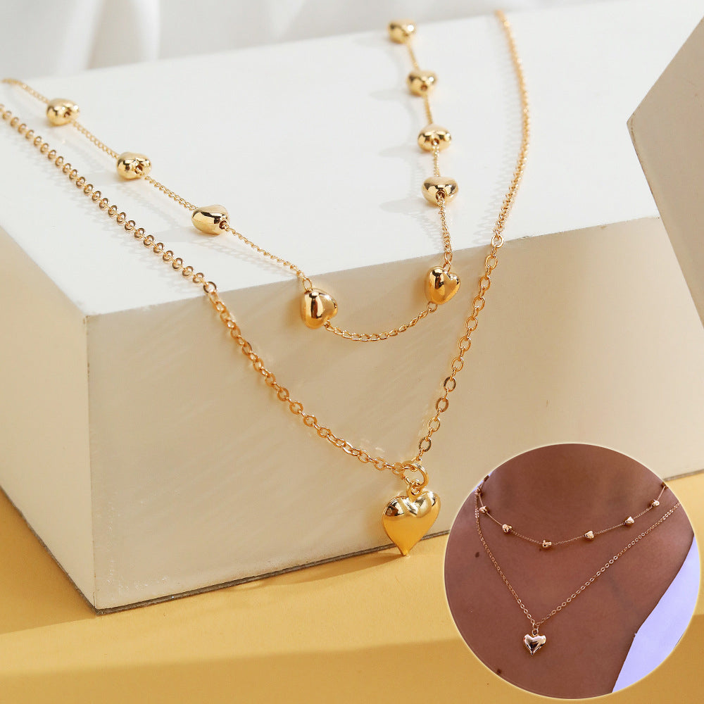 Layered Gold Heart Necklace – Double Chain Beaded Pendant Necklace