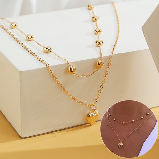 Layered Gold Heart Necklace – Double Chain Beaded Pendant Necklace