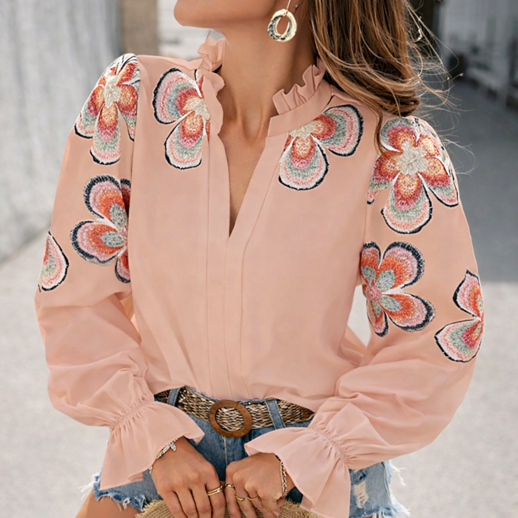 Chic V-Neck Ruffle Blouse by Elizabeth Ainsley