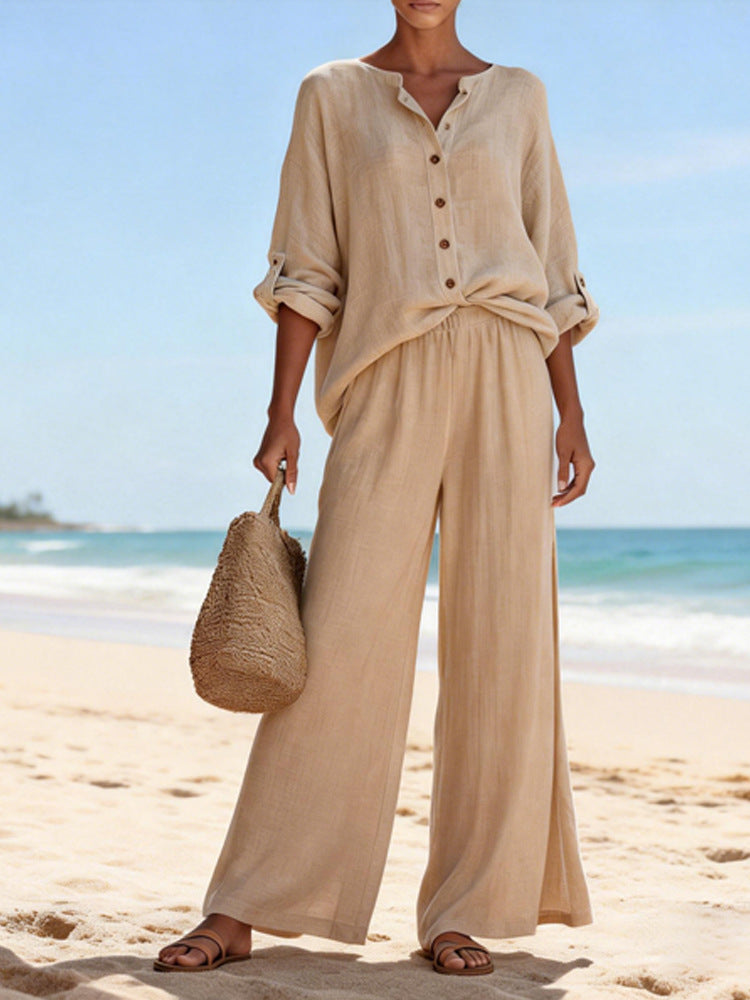 Womens Casual V Neck Long Sleeve Shirt And Pants Set In Cotton Available In Multiple Colors