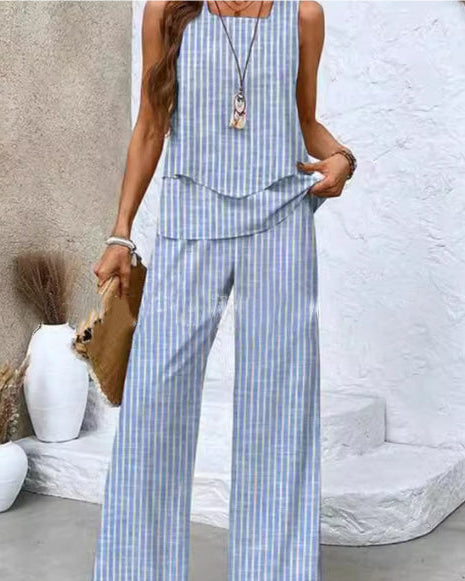 Print Suits Sleeveless Double-layer Vest And Loose Straight Pants Womens Clothing