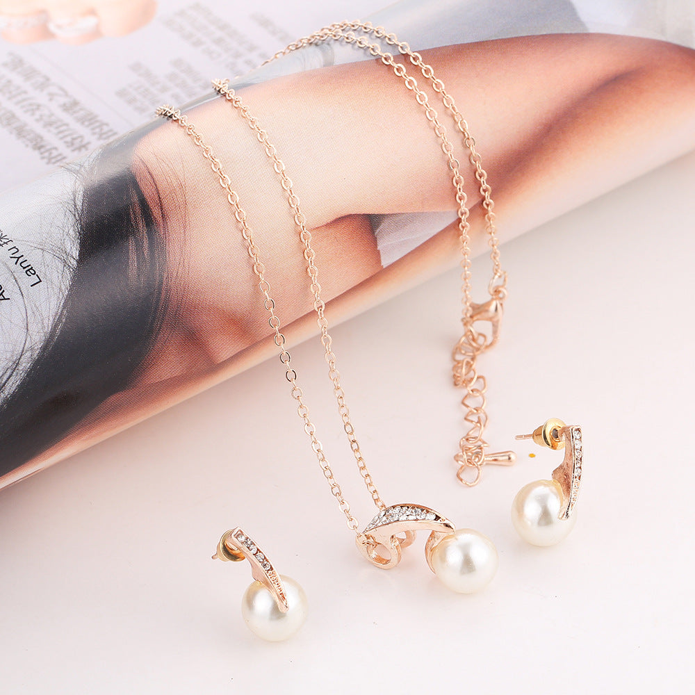 Rose Gold Pearl Necklace & Earrings Set – Crystal Accent Drop Jewelry Set for Women