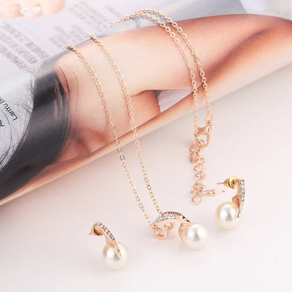Rose Gold Pearl Necklace & Earrings Set – Crystal Accent Drop Jewelry Set for Women