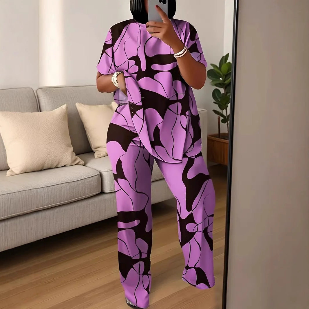 Plus Size Abstract Print Comfy Two-Piece Lounge Set by Elizabeth