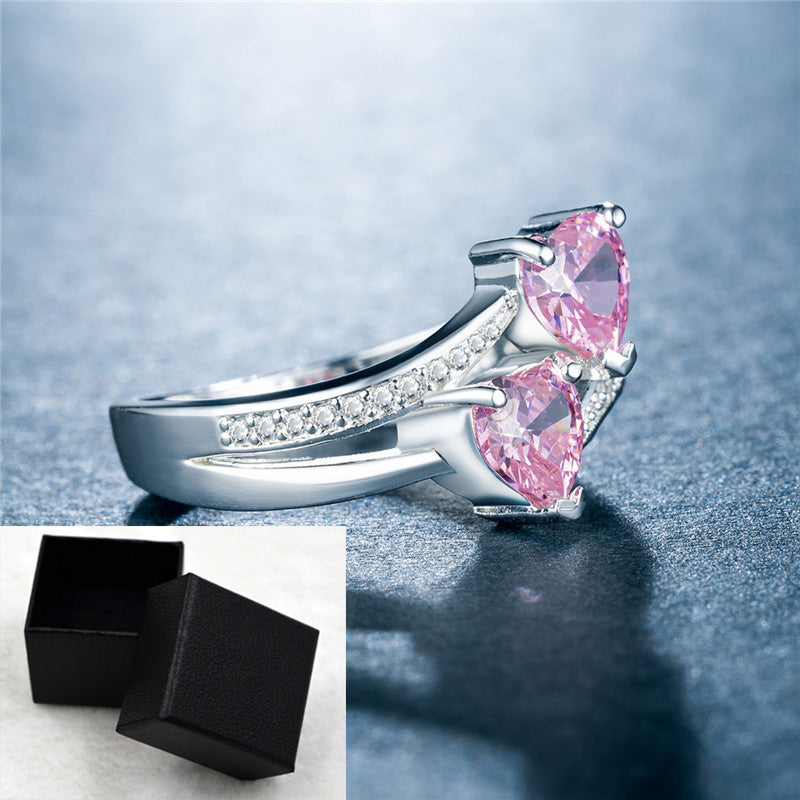 Twin Heart Crystal Ring – Split Band Romantic Statement Design
