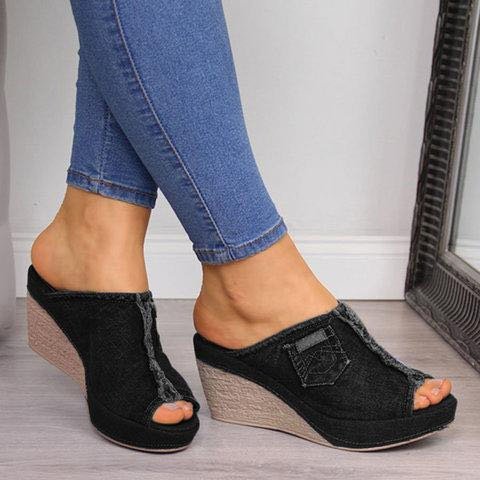 Chic Denim Wedge Sandals by Elizabeth Ainsley