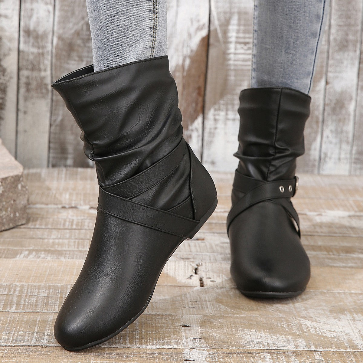 Elizabeth Ainsley Ankle Boots - Round Toe Flat Buckle
