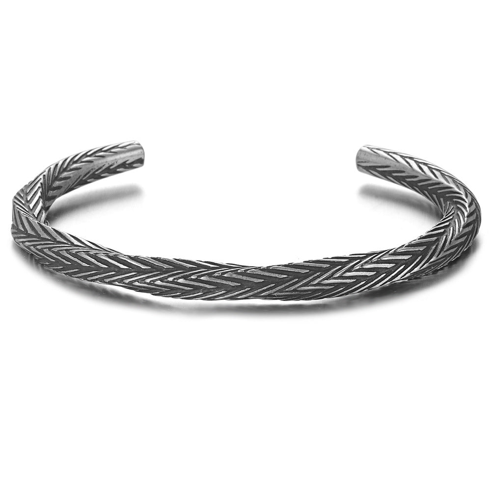 Herringbone Pattern Open Cuff Bracelet with Textured Finish