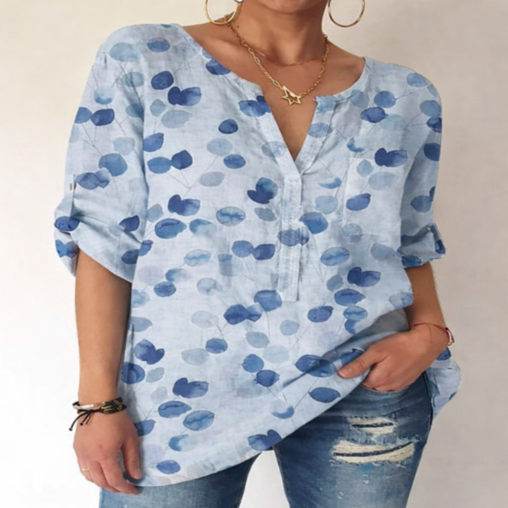 Printed V-Neck Cotton Blouse by Elizabeth Ainsley