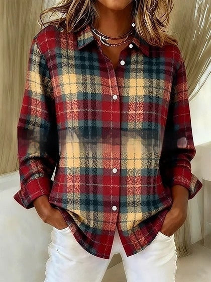 Plaid Colorblock Elizabeth Ainsley Long Sleeve Blouse