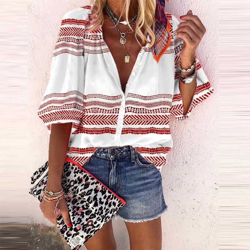 Boho Stripe Print Elizabeth Ainsley Button Blouse