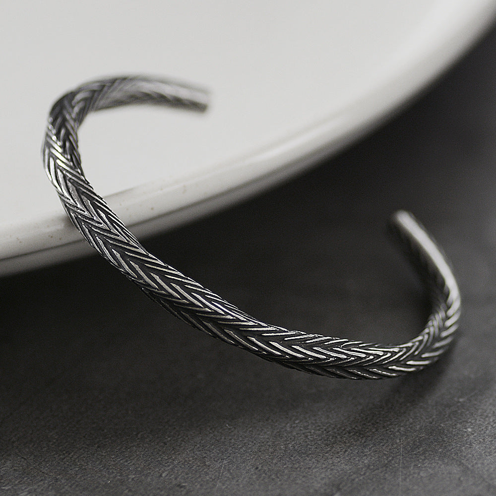 Herringbone Pattern Open Cuff Bracelet with Textured Finish