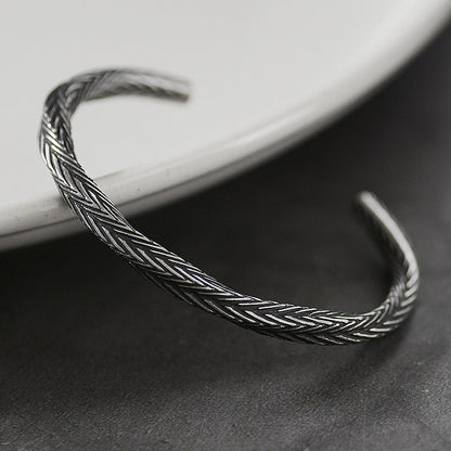 Herringbone Pattern Open Cuff Bracelet with Textured Finish