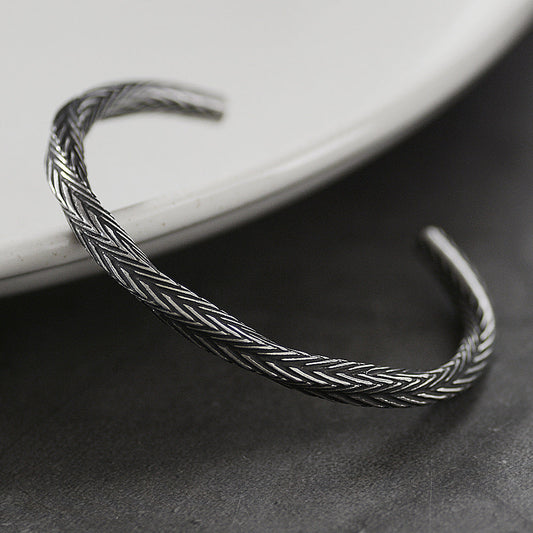 Herringbone Pattern Open Cuff Bracelet with Textured Finish