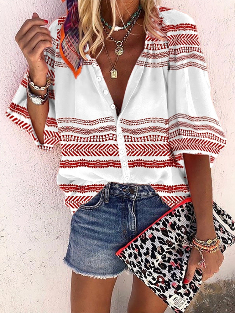 Boho Stripe Print Elizabeth Ainsley Button Blouse
