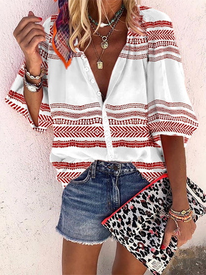 Boho Stripe Print Elizabeth Ainsley Button Blouse