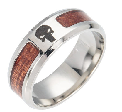 Stainless Steel & Wood Inlay Ring – Symbol Engraved Band