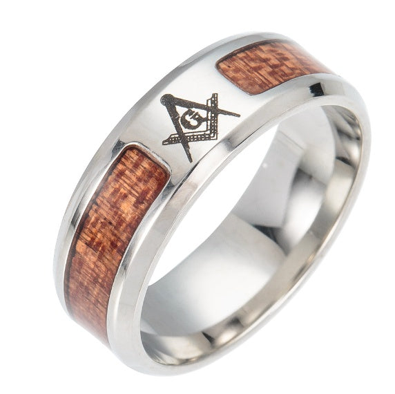 Stainless Steel & Wood Inlay Ring – Symbol Engraved Band