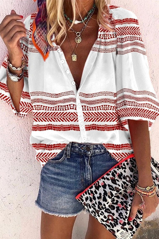 Boho Stripe Print Elizabeth Ainsley Button Blouse