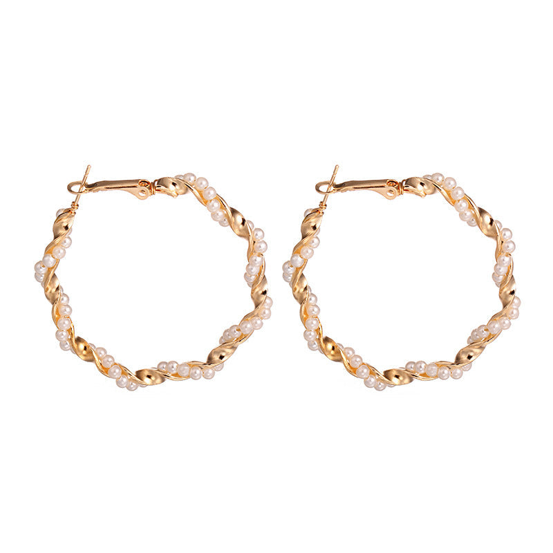 Elegant Twisted Gold Pearl Hoop Earrings