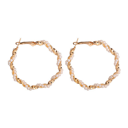 Elegant Twisted Gold Pearl Hoop Earrings